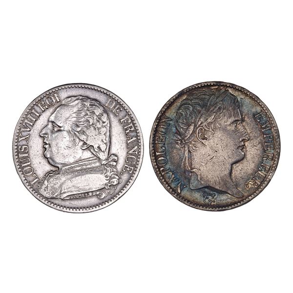 France. Pair of Silver 5 Francs, 1814 A, 1814 Q.,