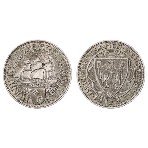 Germany. Weimar. Silver 5 Reichsmark, 1927 A. Bremerhaven Centennial,