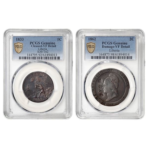 Liberia, Group of (2) 1C & 2C PCGS Graded Coins, 1833//1862,