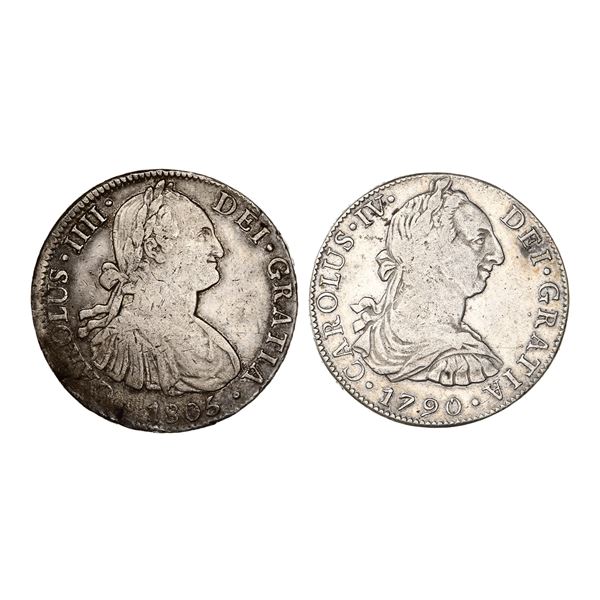 Mexico. Carlos IV (1788-1808). Pair of Silver 8 Reales, 1790 and 1805.,