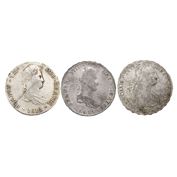 Trio of Spanish Colonial Silver 8 Reales: 1808, 1815 Potosi, 1812 Lima.,