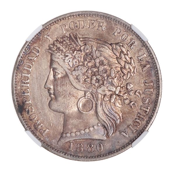 Peru. Republica. Silver 5 Pesetas, 1880 B-BF, no dot.,