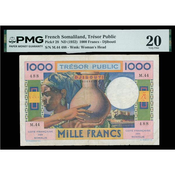 French Somaliland, ND (1952) 1000 Francs - Djibouti, Tresor Public, PMG 20 Very Fine (Pick-28),