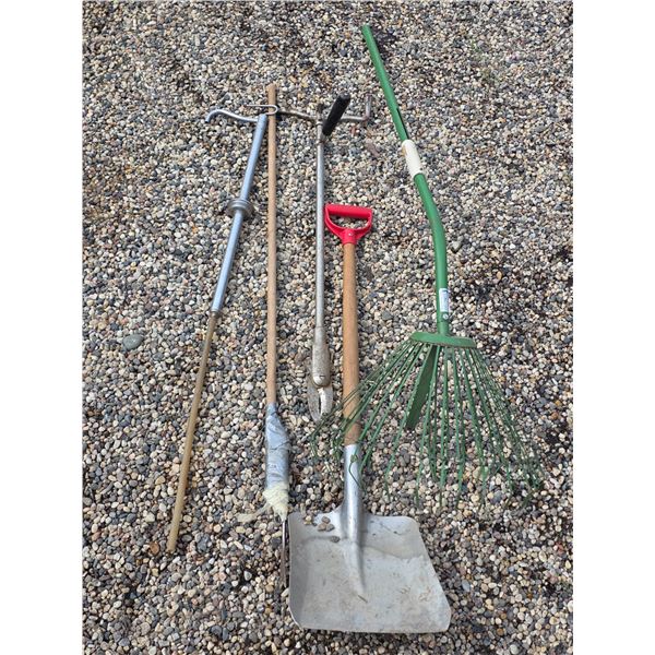 Assorted hand tools- rake, shovel