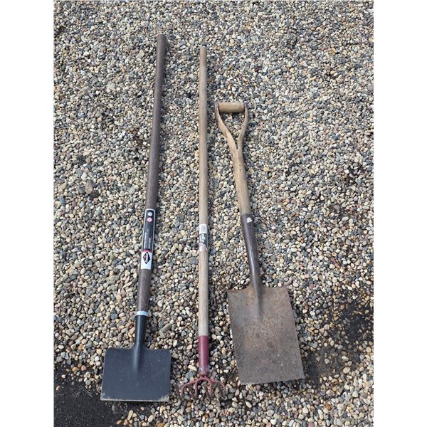 Assorted hand tools- rake, scraper, shovel