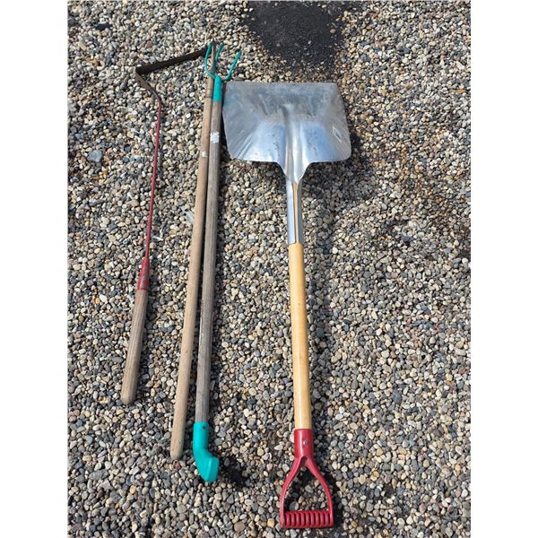 Assorted hand tools- shovel rake