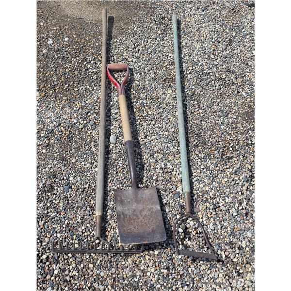 Assorted hand tools- shovel, rake