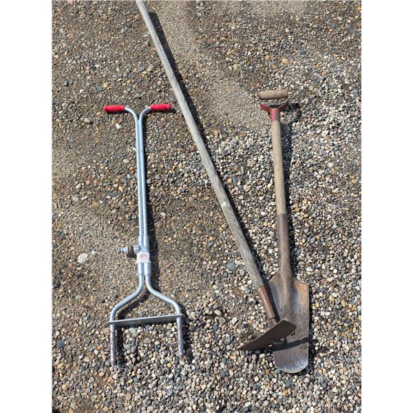 Assorted hand tools- hoe, shovel, air rater
