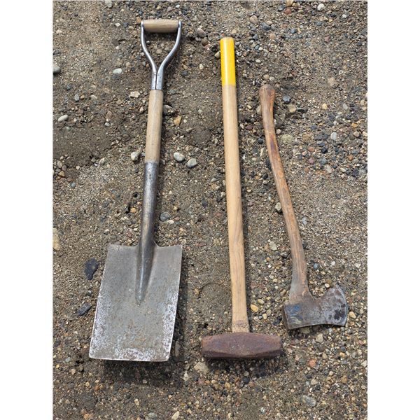 Assorted hand tools- sledge hammer, axe, shovel
