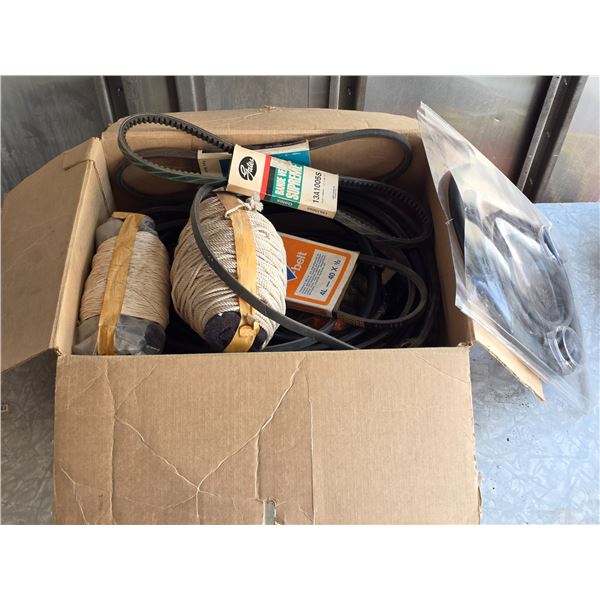 Lot of misc items, vehicle belts, twine