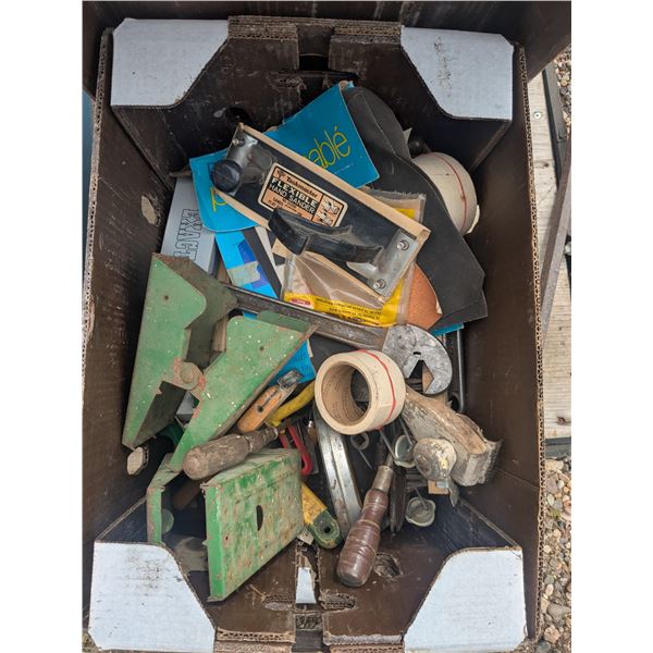 Box of mixed carpentry tools and supplies