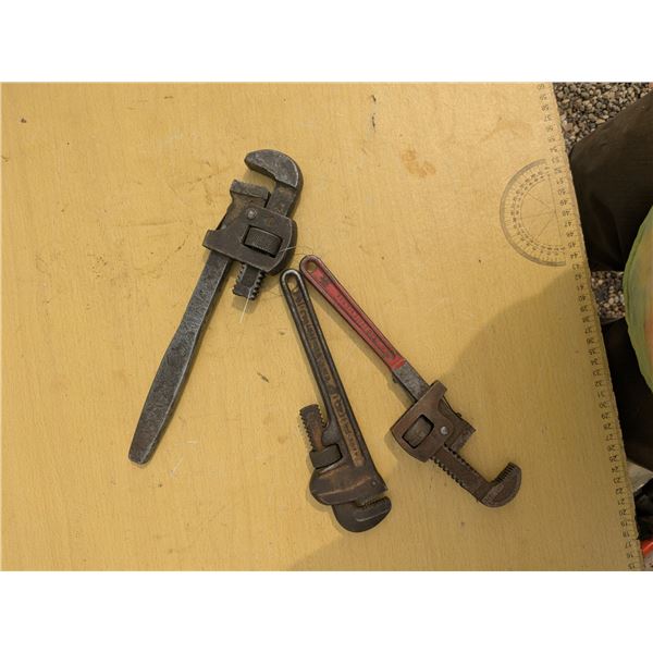 3 pipe wrenches, 2x10", 1x12"