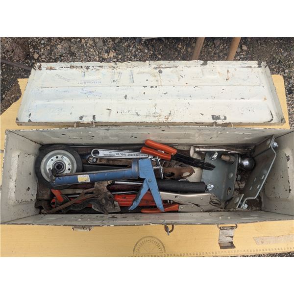 Vintage metal toolbox (9"x28"x9"), with tools