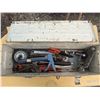 Image 1 : Vintage metal toolbox (9"x28"x9"), with tools