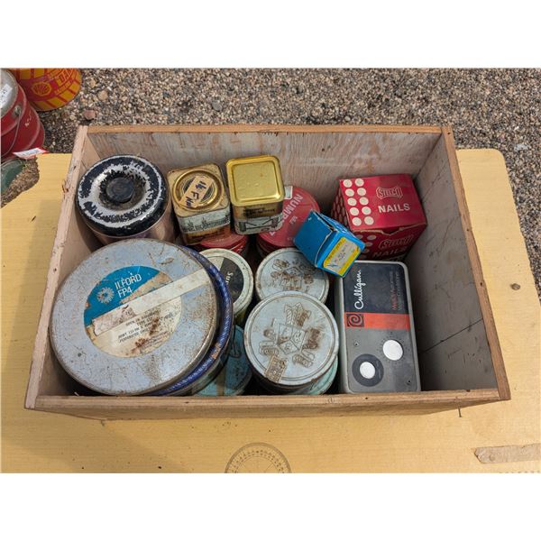 Wooden box (19x15x9") of tins full of screws and nails