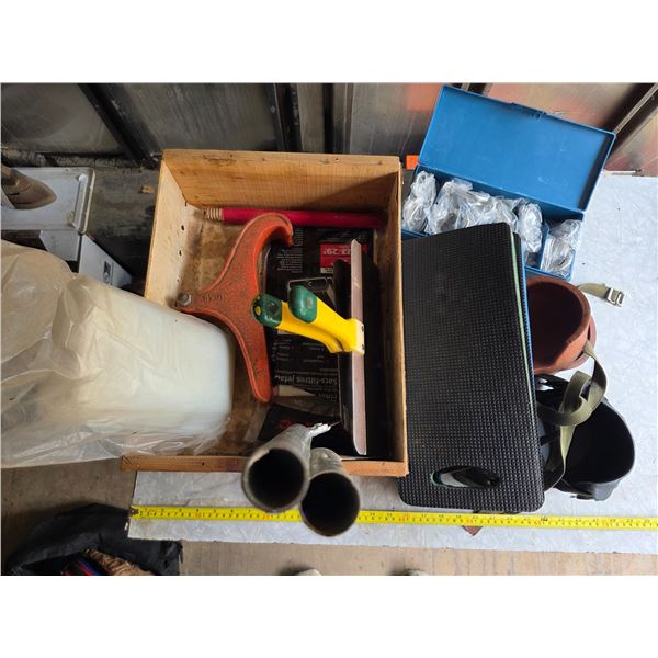 Lot of hardware, drywall tools, misc knee pads