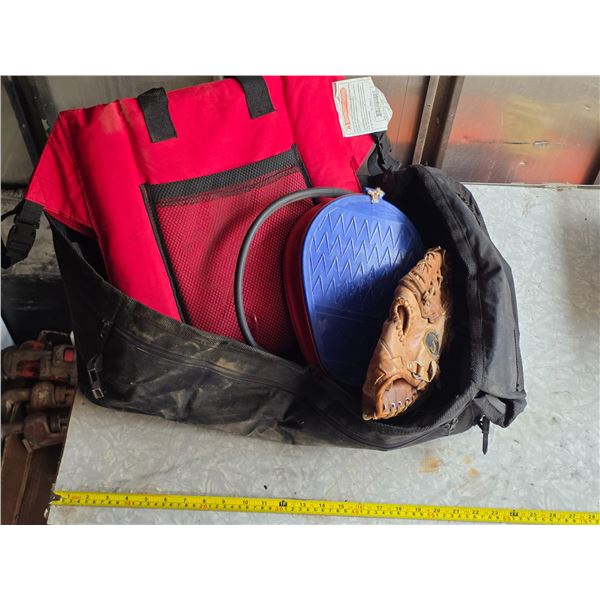 Lot of misc items, duffle bag, seat cover, baseball glove