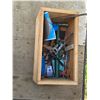 Image 1 : Crate full of tools and hardware, air pump, axe