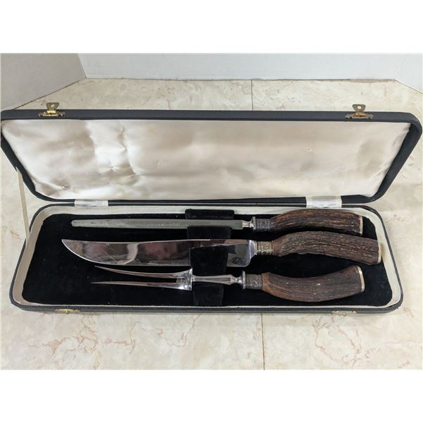 Vintage antler handle meat carving set, with storage case