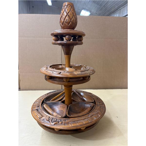 Vintage MCM 3-Tier Lazy Susan Carved From Monkey Pod Wood