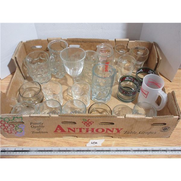 Lot of Mugs, Glass wear, (5) Coca Cola Glasses, and (1) A&W Glass