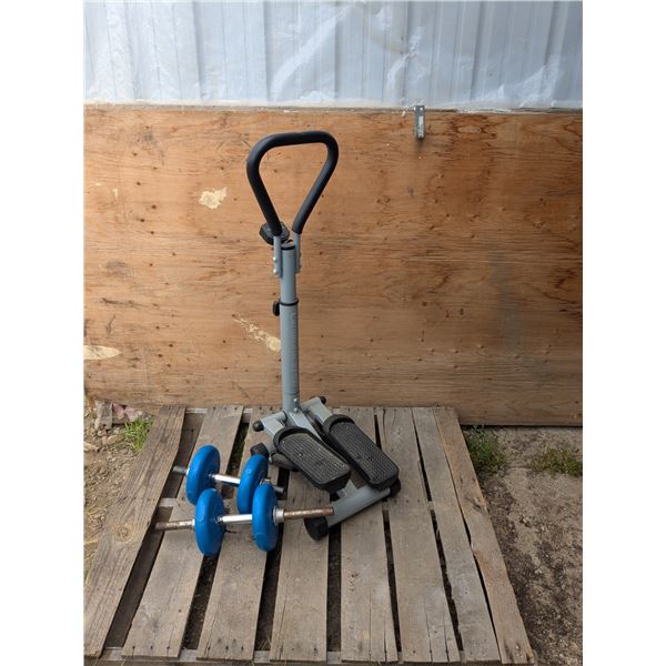 two barbells with walking machine