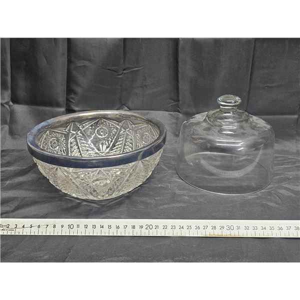 Heavy Vintage Glass Bowl w/ Metal Rim, Glass Cloche