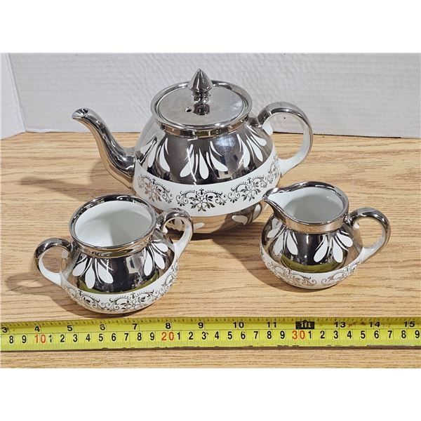 Vintage Platinum Silver Colour Overlay Tea Set - Teapot, Sugar Bowl & Creamer