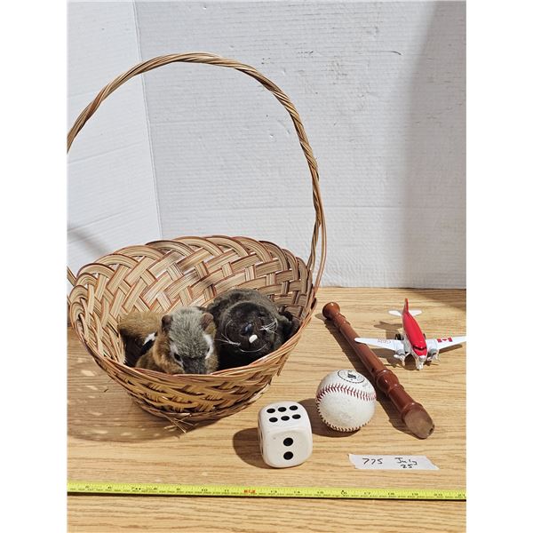 Mixed Novelty & Toy Lot - Wicker Basket, Baseball, Wooden Recorder, Plush