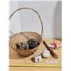 Image 1 : Mixed Novelty & Toy Lot - Wicker Basket, Baseball, Wooden Recorder, Plush