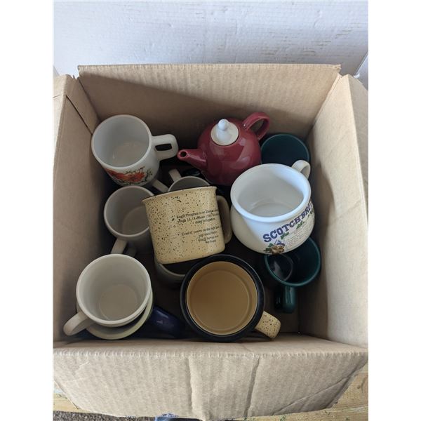 box of mixed soup and coffee mugs