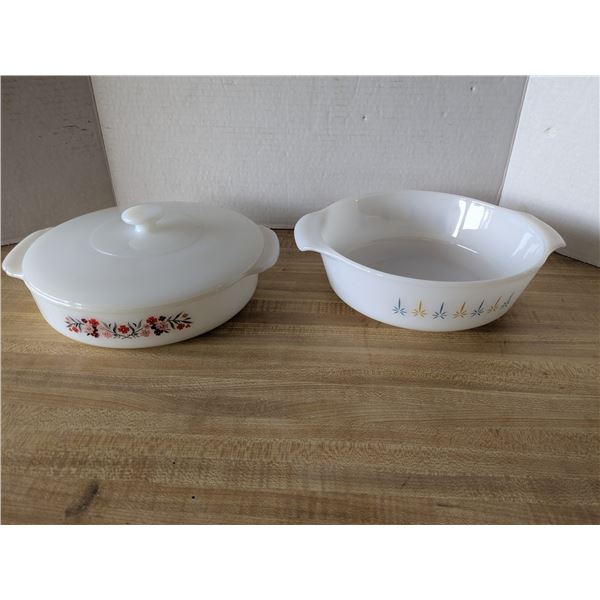 2 vintage fireking glass pie plates with one lid