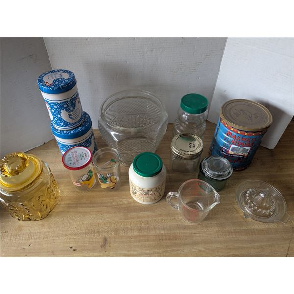 vintage jars, tins etc. with vintage glass juicer