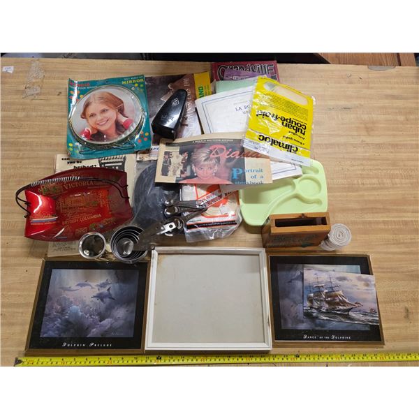 Lot of misc items- pictures, measuring cups, magazines
