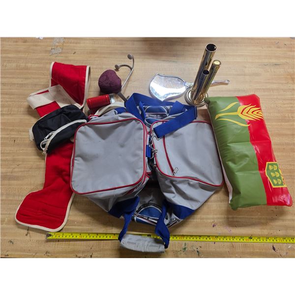 Lot of misc items- sports bag, mirror, floaty