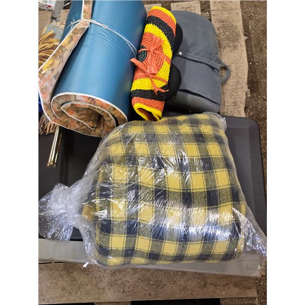 Lot of misc blankets, rubber mat, and metal rails