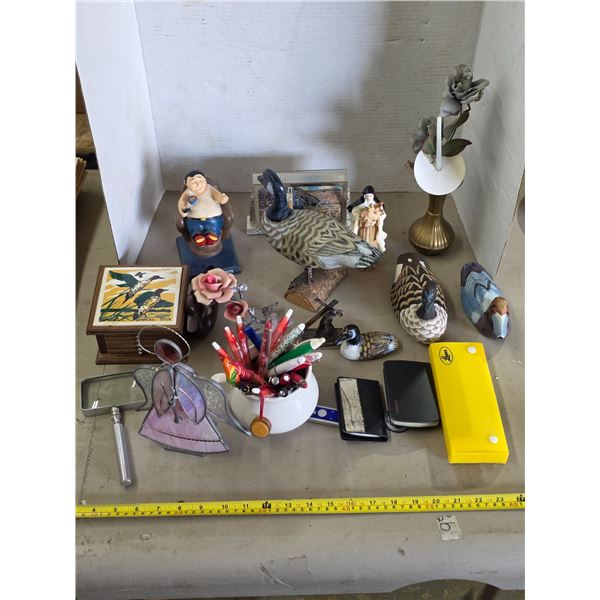 Lot of misc items- geese, stained glass angel