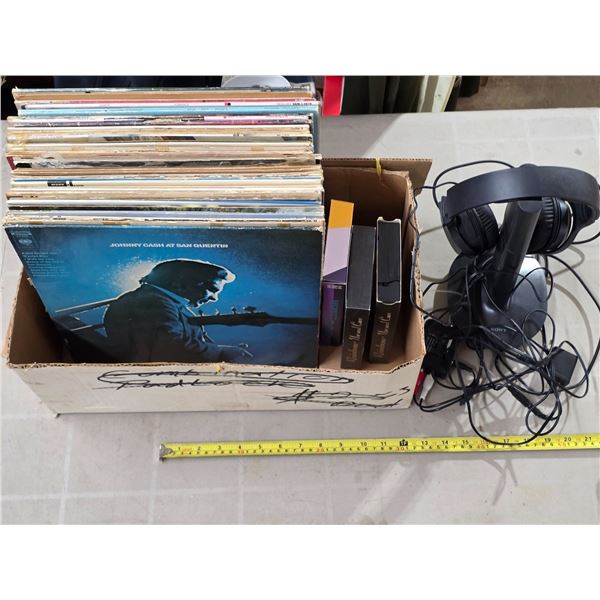 Vinyl records, vhs tapes and head set- untested