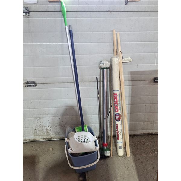 Mop bucket with mop, swiffer and misc