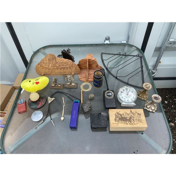 Lot: Clown Figurines, Westclox Clock, Makeup, Native Motifs