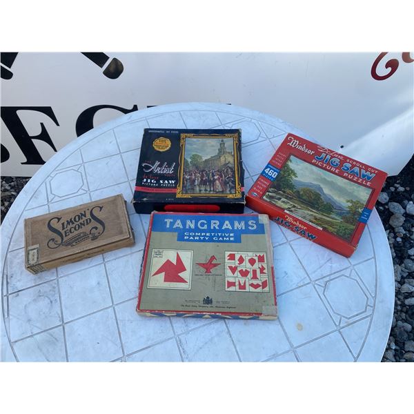 Vintage Game and Puzzle Lot Including Jigsaw Puzzles, Tangrams, Simon's Seconds