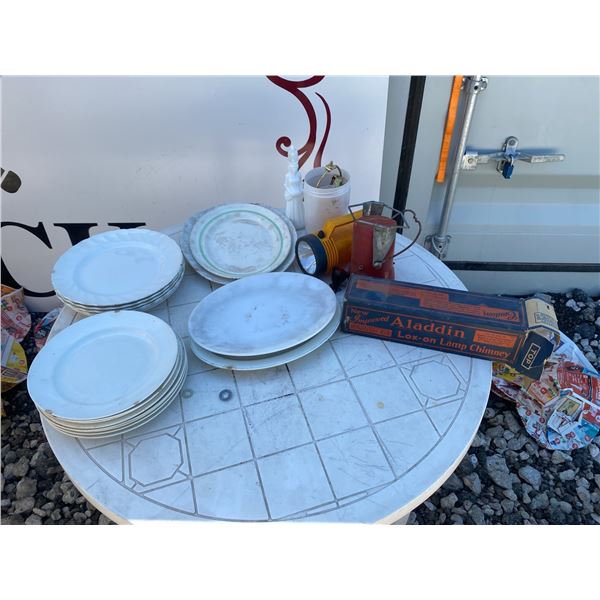 Lot: Plates, Aladdin Lamp Chimney, Lanterns, Figurine