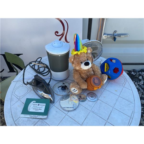 Household and Toy Lot with Iron, Fan, and Plush Bear