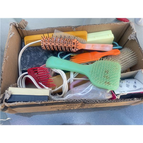 Box Lot of Assorted Hair Products, Combs, and Accessories