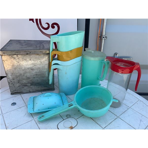 Plastic Kitchenware and Metal Storage Tin Lot