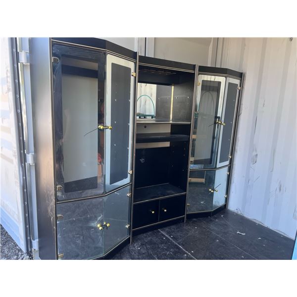 Black Glass Display Cabinet Trio, 71” Tall, Mirrored Accents