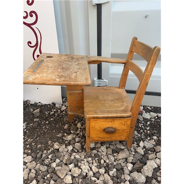 Wooden School Desk With Attached Chair And Storage Drawer