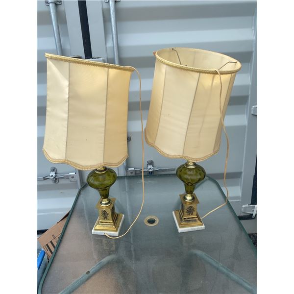Green Glass Table Lamps with Shades and Brass Accents