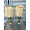 Image 1 : Green Glass Table Lamps with Shades and Brass Accents