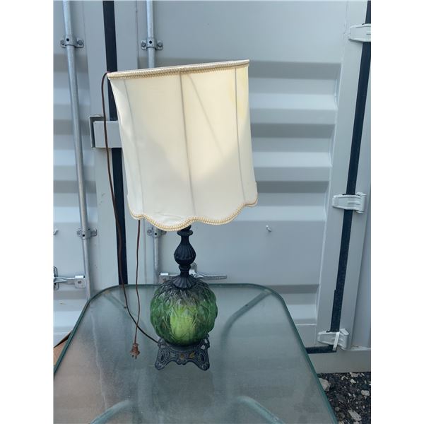 Table Lamp with Green Glass Base and White Shade